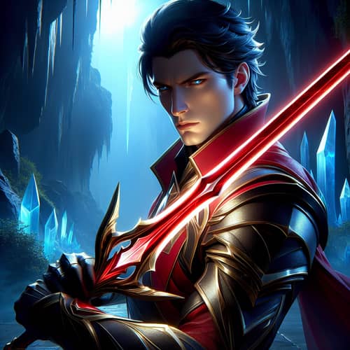 Epic Fantasy Warrior in Red Armor Holding Luminescent Sword