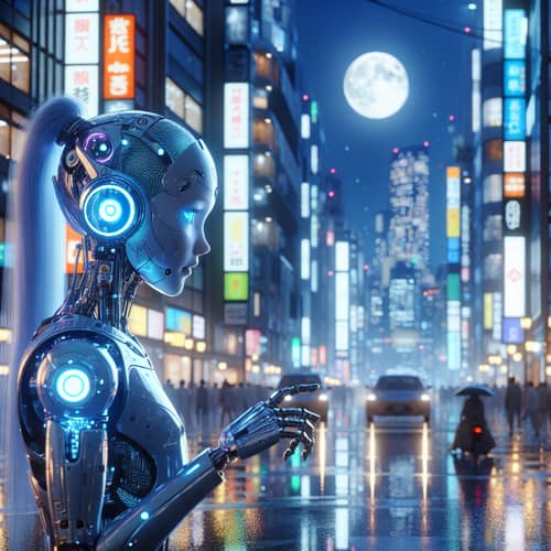 Cyborg Girl in Neon-Lit Metropolis at Night