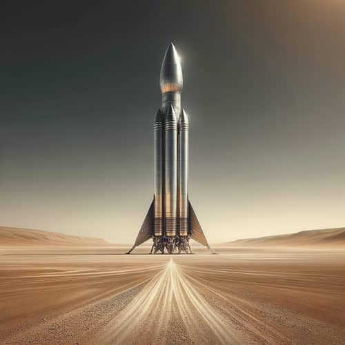 Sleek Rocket Ready for Launch in Vast Desert
