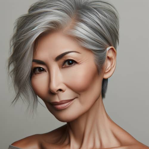 Stylish Silver-Gray Pixie Haircut for Older Asian Woman