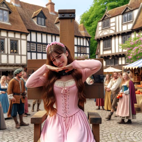 Medieval Fair Princess Pillory Scene in Quaint Village Square