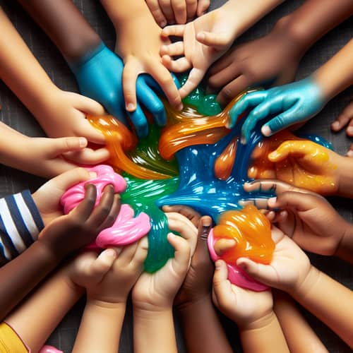 Diverse Group of Children Playing with Vibrant Slime