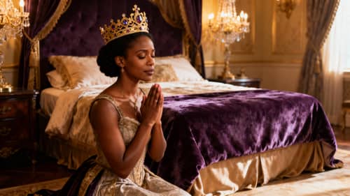 Elegant African American Queen in Luxurious Bedroom