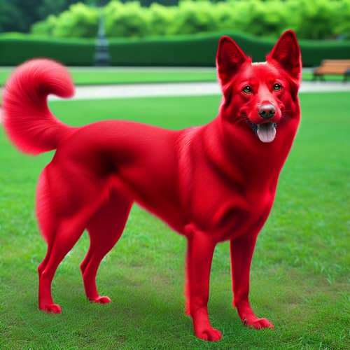 Vibrant Red Dog in a Lush Green Park | Outdoor Scene