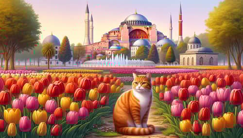 Hagia Sophia Mosque & Red Cat in Vibrant Tulip Field