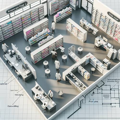 Pharmacy Interior Layout: Drop-off, Workstation, Filling, Consulting, Pick-up & Storage