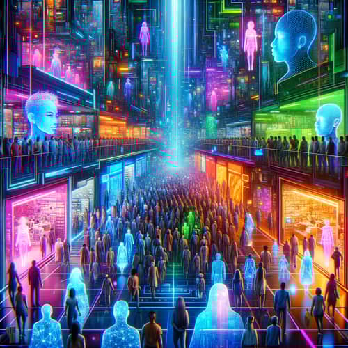 Futuristic Cyberpunk Shopping Mall with Diverse Virtual Shoppers