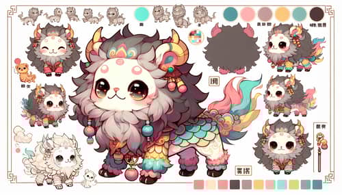 Detailed & Colorful Chibi Chinese Lion Reference Sheet