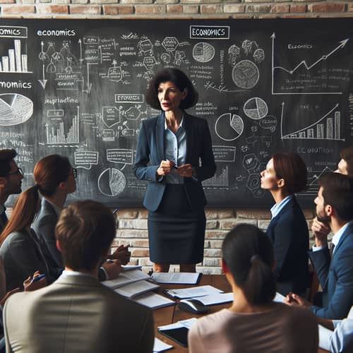 Hispanic Businesswoman Leading Economics Discussion in Diverse Meeting