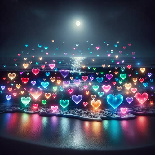 Vibrant Multi-Colored Hearts at Night Beach | Magical Sight
