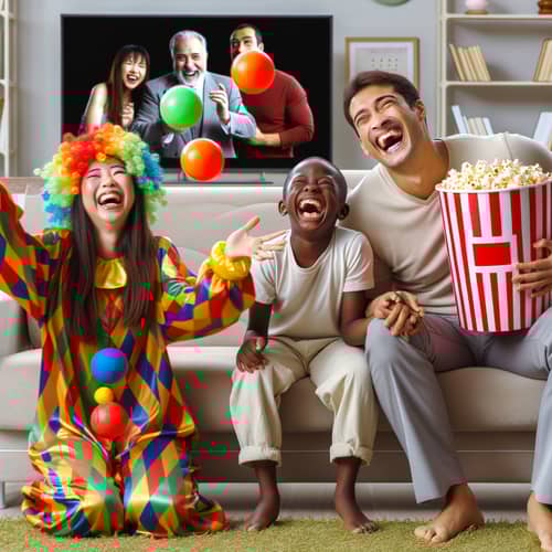Humorous Clown Juggling Scene with Laughter and Amusement
