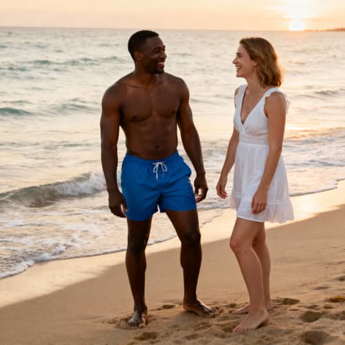 Diverse Beach Moments: Black Man and White Woman Diverse Beach Moments: Black Man and White Woman