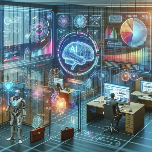 AI in Business: Futuristic ICT Environment with Holographic Charts and Robots