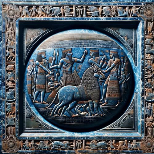 Sumerian Fresco on Blue Stone: Gilgamesh and Enkidu Friendship