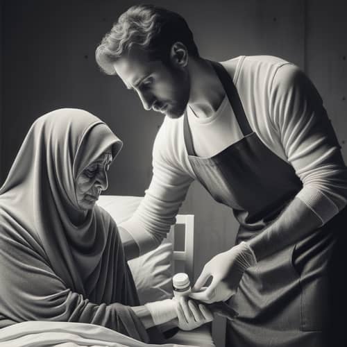 Compassionate Male Care Worker Assisting Bed-Bound Individual in Medication Administration