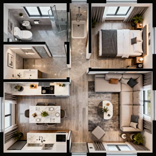 6x5m Living Room Design with Kitchen & Bedroom 6x5m Living Room Design with Kitchen & Bedroom