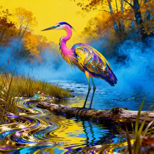 Enchanting Heron by Wavy Riverbank - Dreamy Art Enchanting Heron by Wavy Riverbank - Dreamy Art