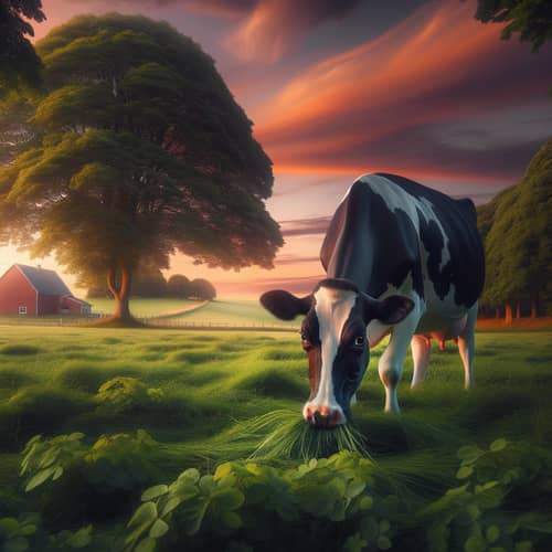 Tranquil Rural Landscape with Holstein Dairy Cow at Sunset