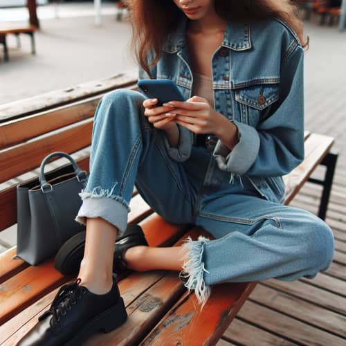 Girl in Blue Jeans Farts on Bench While Texting