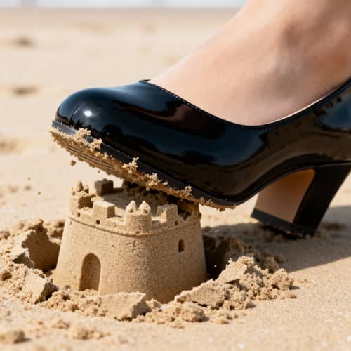 Giant Woman Crushes Sandcastle in Black Flats Giant Woman Crushes Sandcastle in Black Flats