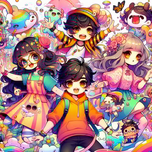 Vibrant Kawaii Anime Characters in Whimsical Setting