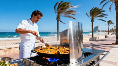 Dramatic Paella Cooking on Valencia Beach Dramatic Paella Cooking on Valencia Beach
