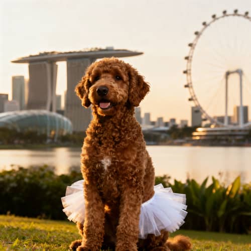 Brown Labradoodle in Tutu with Singapore Skyline Brown Labradoodle in Tutu with Singapore Skyline