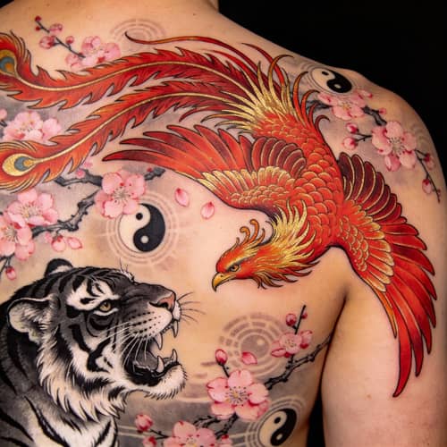 Stunning Phoenix Tattoo with Tiger and Cherry Blossoms