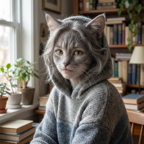 Realistic Portrait of a Girl as a Gray Cat Realistic Portrait of a Girl as a Gray Cat