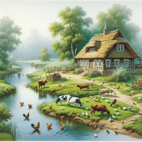 Tranquil Village Along River with Domestic Animals