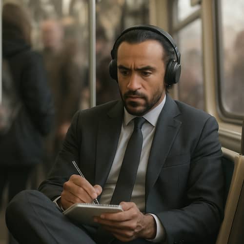 Focused Man on CTA Train in Tailored Suit