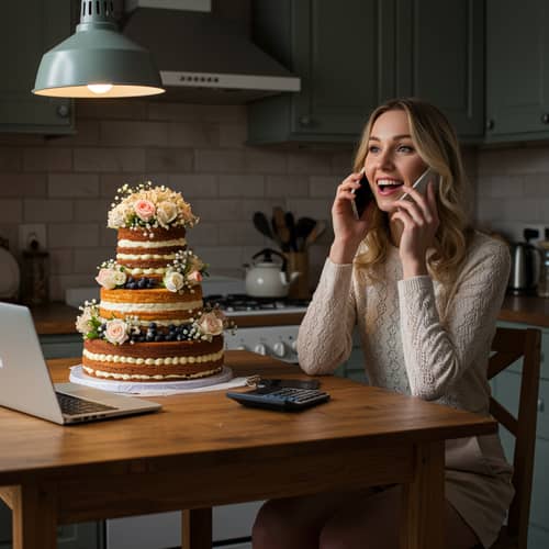 Beautiful Woman in Cozy Kitchen with Wedding Cake