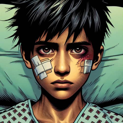 Comic Book Style Hero: Young Hispanic Boy in Hospital Gown