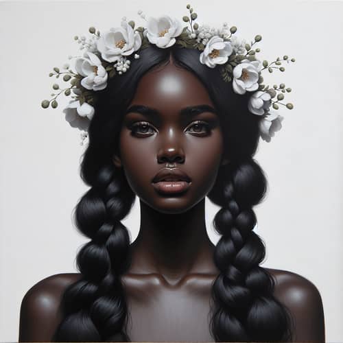 Realistic Oil Painting of Woman with Black-Brown Skin and Floral Crown