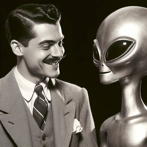 Man Smiling at Extraterrestrial Being - Unexpected Bonding Moment