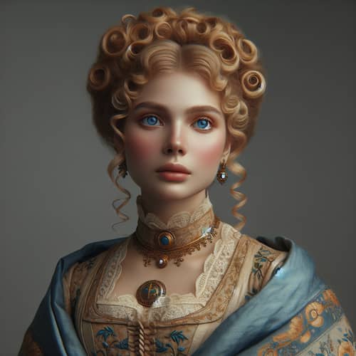 Vintage Portrait of a Woman in Beige Dress with Blue Cloak