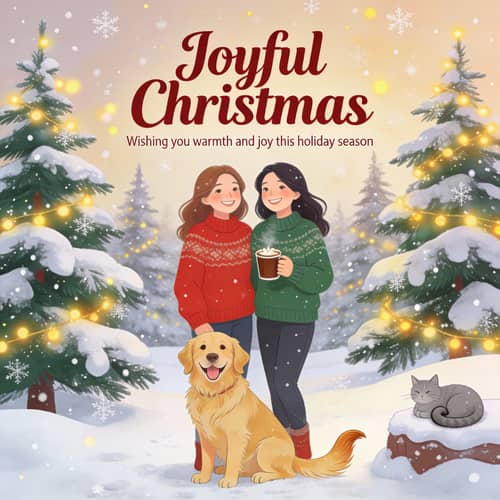 Festive Christmas Card with Pine Trees & Pets