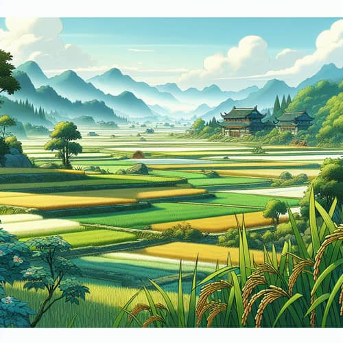 Scenic Rice Field Cartoon Art from Ancient China