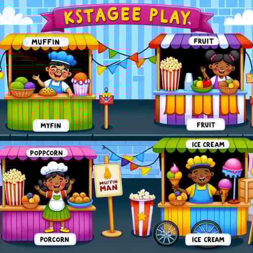 Vibrant Stage Play Illustration - Joyful 'Muffin Man' Scene
