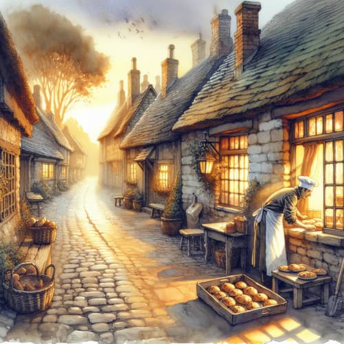 Sunrise on Cobblestone Lane | Charming Watercolor Painting