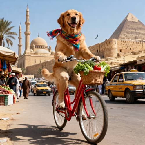 Happy Dog Rides Bicycle in Cairo's Vibrant Streets Happy Dog Rides Bicycle in Cairo's Vibrant Streets