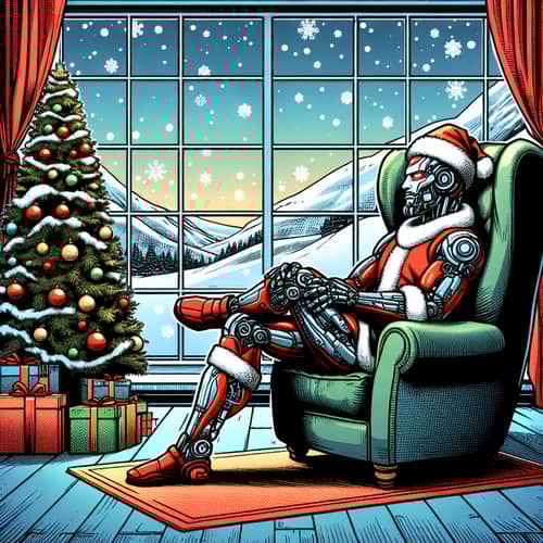 Festive Robotic Santa Claus in Plush Armchair | Snowy Landscape View