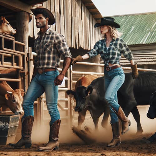 Rustic Agricultural Scene: Working Together to Move Cows