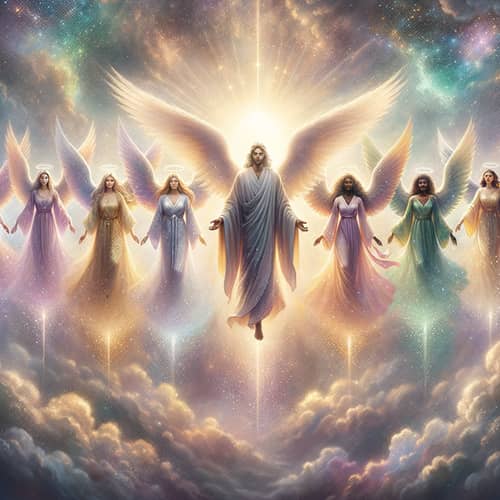Ethereal Landscape with Diverse Angels and Divine Figure