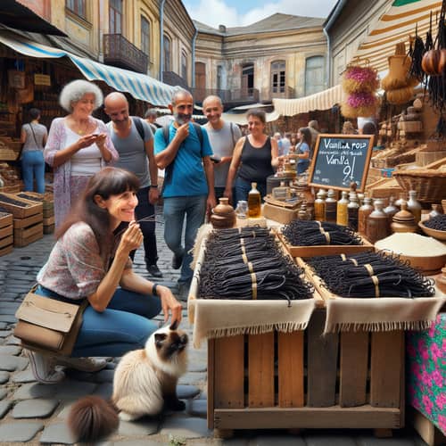 Lively Open-Air Market: Premium Vanilla Pods & Diverse Shoppers