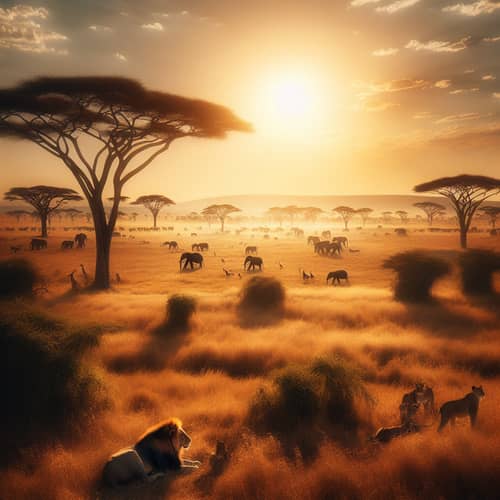 Traditional Savanna Landscape: Elephants, Lions & Acacia Trees