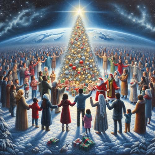 Diverse Group Uniting Around Christmas Tree for Peaceful Holiday Celebration