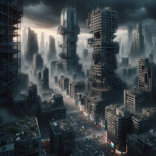 Dystopian Cityscape: Decaying High-Rises & Shadowy Figures