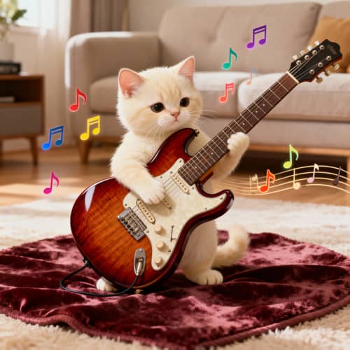 Adorable Kitten Plays Electric Guitar in Cozy Living Room
