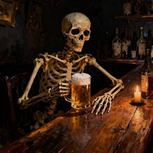 Skull Enjoying Beer in Dark Oil Painting Style Skull Enjoying Beer in Dark Oil Painting Style